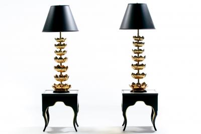 Dorothy Draper Vintage Hollywood Regency Black Lacquered and Gilt Marble Topped Accent Tables