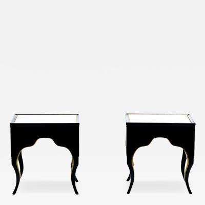Dorothy Draper Vintage Hollywood Regency Black Lacquered and Gilt Marble Topped Accent Tables