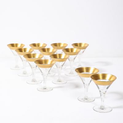 Dorothy Thorpe Set of 12 Mid Century Modernist Gilt Rimmed Coupe Glasses By Dorothy Thorpe