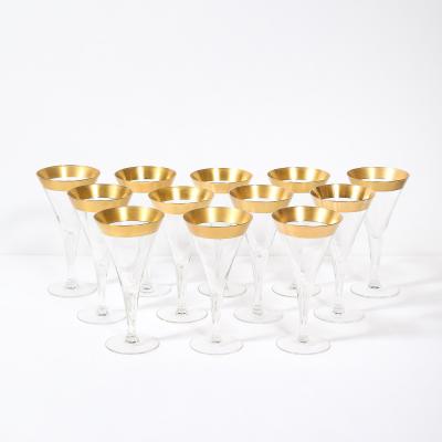 Dorothy Thorpe Set of 12 Mid Century Modernist Gilt Rimmed Water Glasses By Dorothy Thorpe