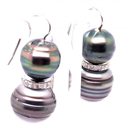 Double Black Baroque Pearl and Pave Diamond Drop Earrings