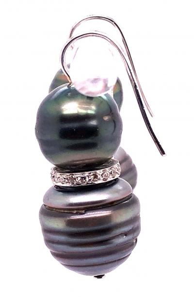 Double Black Baroque Pearl and Pave Diamond Drop Earrings