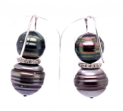 Double Black Baroque Pearl and Pave Diamond Drop Earrings