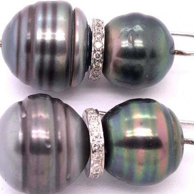 Double Black Baroque Pearl and Pave Diamond Drop Earrings
