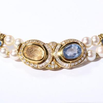 Double Strand Pearl Necklace with Carved Citrine Iolite 18k and Diamonds