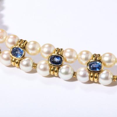 Double Strand Pearl Necklace with Carved Citrine Iolite 18k and Diamonds