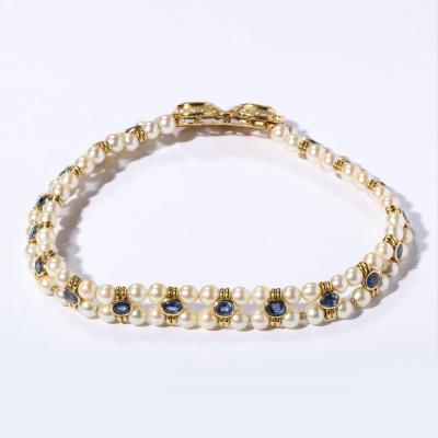 Double Strand Pearl Necklace with Carved Citrine Iolite 18k and Diamonds