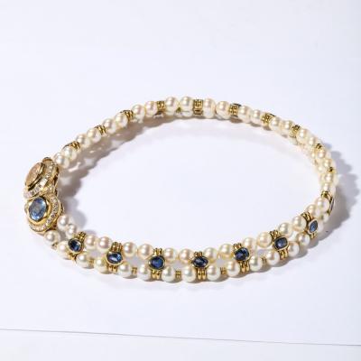 Double Strand Pearl Necklace with Carved Citrine Iolite 18k and Diamonds