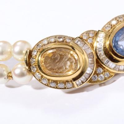 Double Strand Pearl Necklace with Carved Citrine Iolite 18k and Diamonds