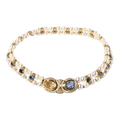 Double Strand Pearl Necklace with Carved Citrine Iolite 18k and Diamonds