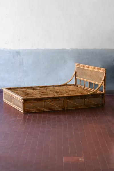 Double bed with bamboo and Vienna straw headboard 1980