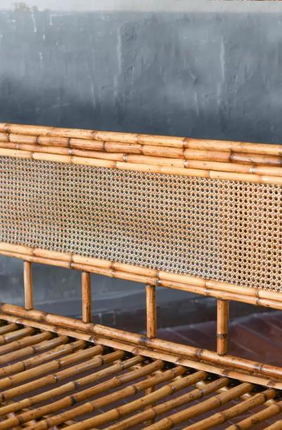 Double bed with bamboo and Vienna straw headboard 1980