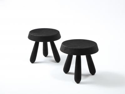 Douglas Mont Petite Charcoal Burnt Oak Tripod Stool by Douglas Mont for Facto Atelier Paris