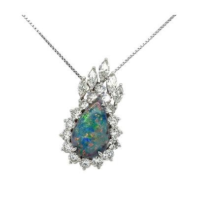 Drop Shaped Black Opal with Marquise Round Diamond Halo Pendant Or Brooch