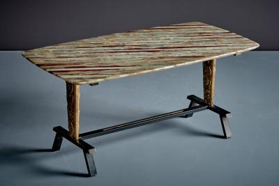 Duilio Dube Barnab Coffee Table with Striped Marble Top and Gold Toned Metal Supports