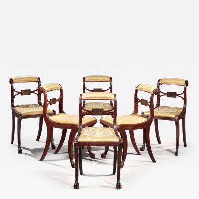 Duncan Phyfe SET OF SIX CLASSICAL CARVED AND BRASS INLAID KLISMOS SIDE CHAIRS