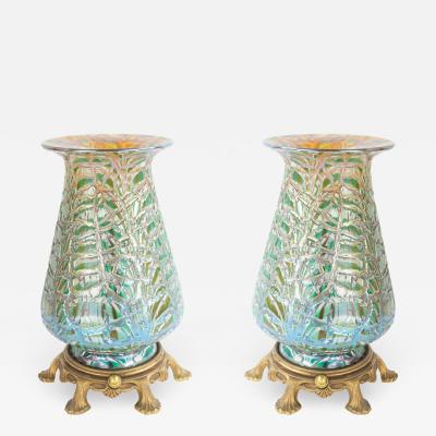 Durand American Victorian Durand Green Iridescent Glass Table Lamps