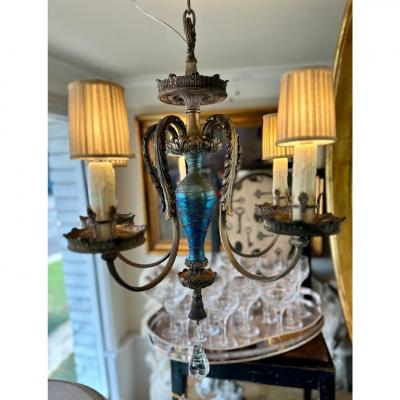 Durand Antique Durand Blue Iridescent Glass Chandelier