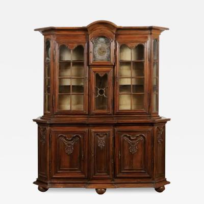 Dutch 1793s Carved Oak Buffet Deux Corps with Glass Doors and Pewter Clock