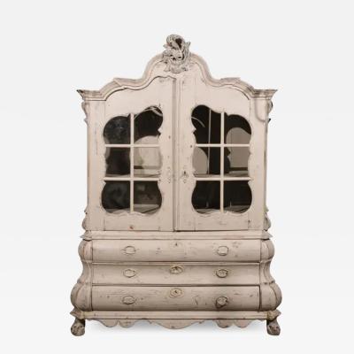 Dutch 1850s Rococo Revival Painted Cabinet with Glass Doors and Bomb Chest