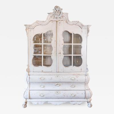 Dutch 1850s Rococo Revival Painted Cabinet with Glass Doors and Bomb Chest