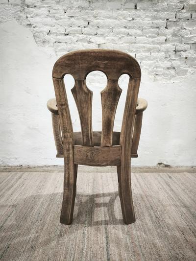 Dutch Brutalist Solid Oak Armchair with Reupholstered Leather Seat 1970s