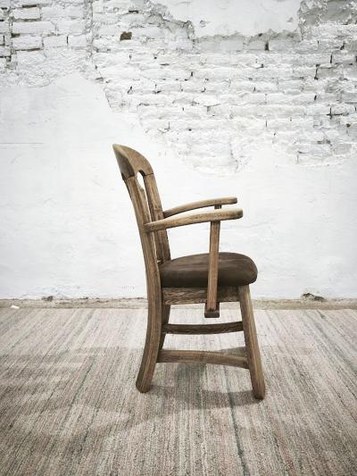 Dutch Brutalist Solid Oak Armchair with Reupholstered Leather Seat 1970s