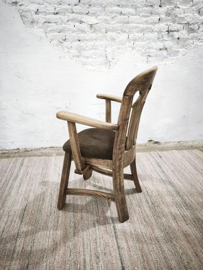 Dutch Brutalist Solid Oak Armchair with Reupholstered Leather Seat 1970s