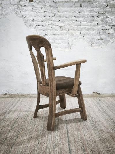 Dutch Brutalist Solid Oak Armchair with Reupholstered Leather Seat 1970s