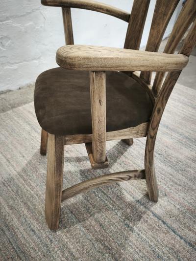 Dutch Brutalist Solid Oak Armchair with Reupholstered Leather Seat 1970s