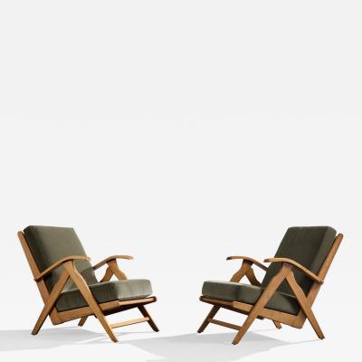 Dutch Designer Lounge Chairs with Oak and Velvet Netherlands 1950s