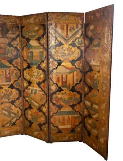 Dutch Four Panel Chinoiserie Decorated Leather Screen