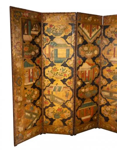 Dutch Four Panel Chinoiserie Decorated Leather Screen