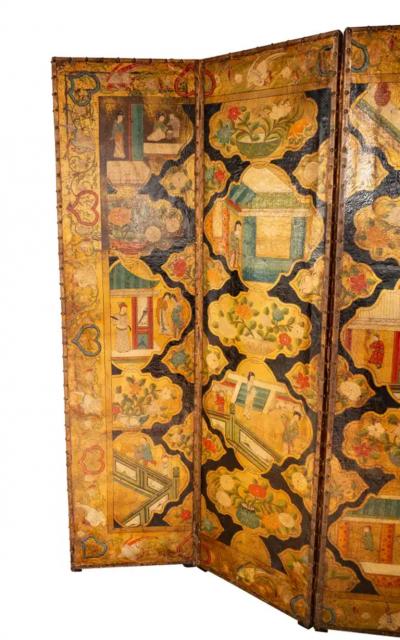 Dutch Four Panel Chinoiserie Decorated Leather Screen