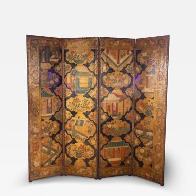 Dutch Four Panel Chinoiserie Decorated Leather Screen