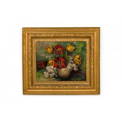 Dutch Hydrangea and Tulip Flora Still Life Oil Painting in an Ornate Giltwood Fr