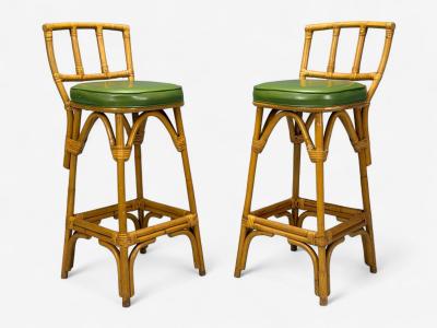 Dutch Modern Bamboo Green Leather Five Barstools Netherlands 1970s