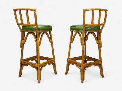 Dutch Modern Bamboo Green Leather Five Barstools Netherlands 1970s