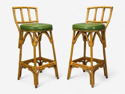 Dutch Modern Bamboo Green Leather Three Barstools Netherlands 1970s