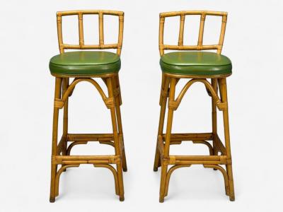 Dutch Modern Bamboo Green Leather Three Barstools Netherlands 1970s