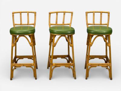 Dutch Modern Bamboo Green Leather Three Barstools Netherlands 1970s