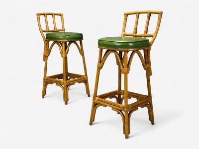 Dutch Modern Bamboo Green Leather Three Barstools Netherlands 1970s