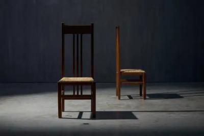 Dutch Modernist High Back Chairs with Cord Seating Netherlands 1920s