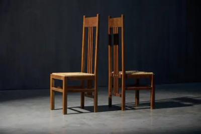Dutch Modernist High Back Chairs with Cord Seating Netherlands 1920s