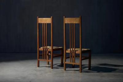 Dutch Modernist High Back Chairs with Cord Seating Netherlands 1920s