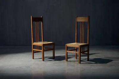 Dutch Modernist High Back Chairs with Cord Seating Netherlands 1920s