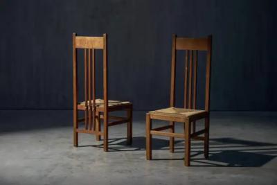 Dutch Modernist High Back Chairs with Cord Seating Netherlands 1920s