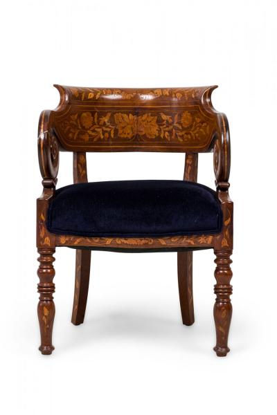Dutch Neo Classic Style Marquetry Frame Blue Upholstered Armchair