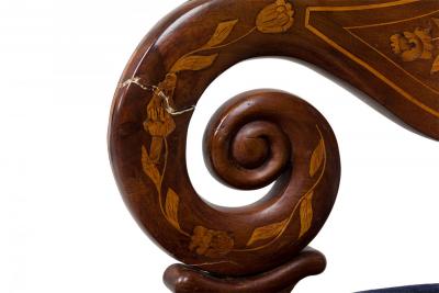 Dutch Neo Classic Style Marquetry Frame Blue Upholstered Armchair