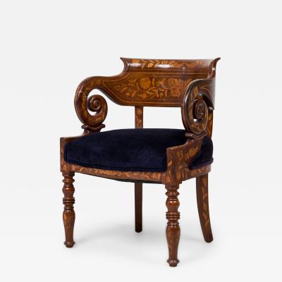 Dutch Neo Classic Style Marquetry Frame Blue Upholstered Armchair